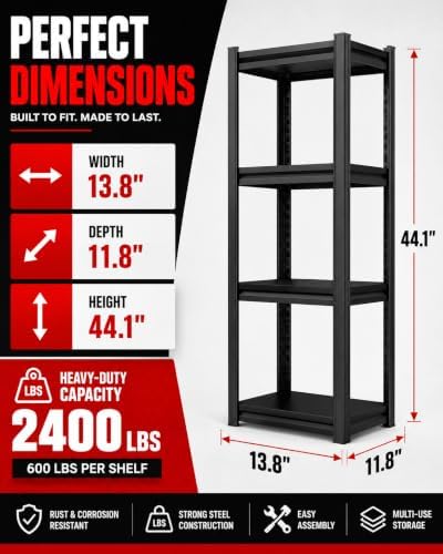 Garage Shelving, 2400 LBS Heavy Duty Metal Storage Shelves, 4-Tier Adjustable Storage Rack for Garage, Warehouse, Basement, 13.8" Wx 11.8" Dx 44.1" H