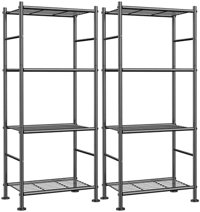 Sakugi Storage Shelves - Set of 2, 4-Tier Metal Shelf Organizer, Space-Saving Garage Shelving with Leveling Feet, Standing Shelves Organizer for Kitchen, Laundry, Pantry (18.1"x12.3"x44.1", Black)