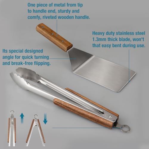 Tongs and Spatula Set of 3, Heavy Duty Stainless Steel, Wood Handle