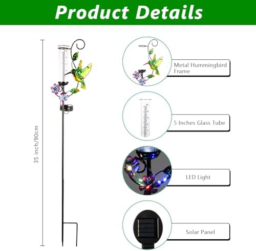 Hummingbird Rain Gauge with 5 Inch Glass Tube, Solar Rain Gauge