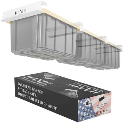 USA Based Overhead Garage Storage Rack, Connectable Heavy Duty Metal Ceiling Rails Garage Storage Organization Shelving System, Hanging Racks Tote Containers, Supports Up To 3 Bins, 2 Sets White