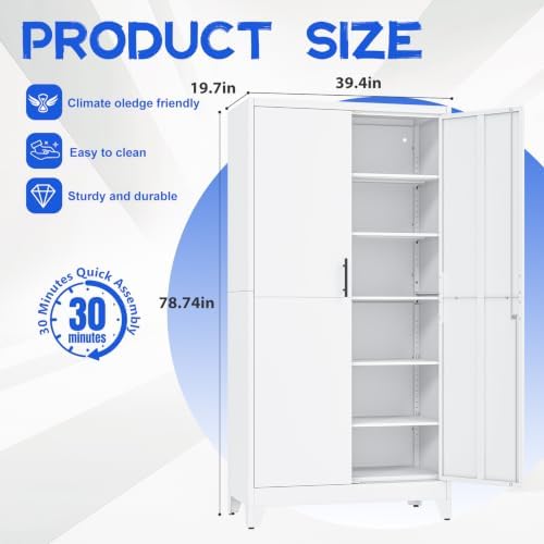 GAIOUS 79" Tall Metal Storage Cabinet with Lock,2 Door Steel Bookcase White