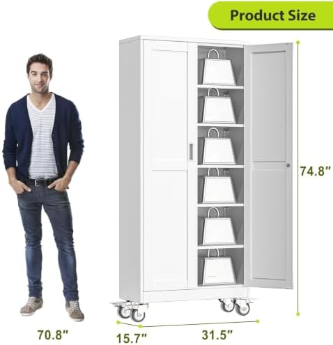 75-Inch Metal Garage Storage Cabinet with Wheels, Locking Doors and Shelves