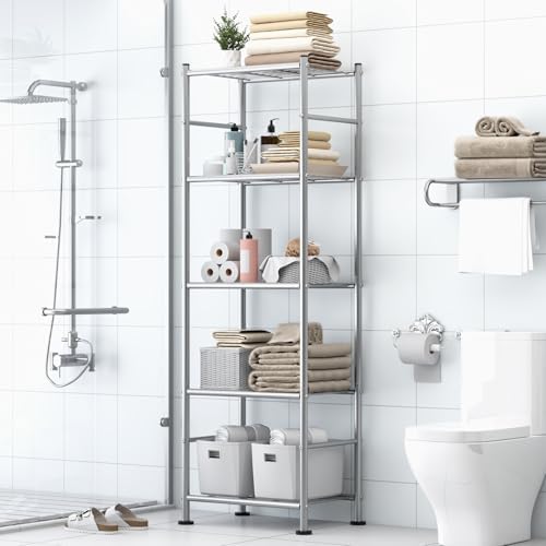 Sakugi Storage Shelves - Set of 2, 5-Tier Metal Shelf Organizer, Space-Saving Garage Shelving with Leveling Feet, Standing Shelves Organizer for Kitchen, Laundry, Pantry (18.4"x12.6"x57.4", Silver)