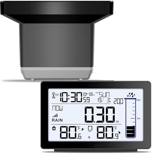 Wireless Rain Gauge Outdoor, Self-Emptying Digital Rain Gauges Outdoors Best Rated, Electronic Rain Measure Gauge for Yard, Freeze Proof Rain Gauge with Thermometer, Remote Rain Meter for Garden