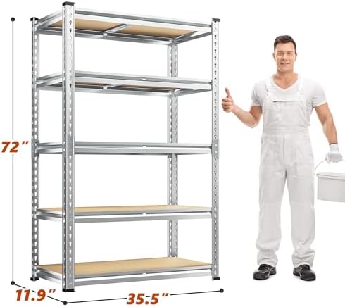REIBII Garage Shelving, 5 Tier Storage Shelves Load 2400LBS, Adjustable Garage Shelving Heavy Duty, Metal Shelving Unit with Waterproof Columns, 35.5" W x 11.9" D x 72" H, Galvanized, 3 Pack