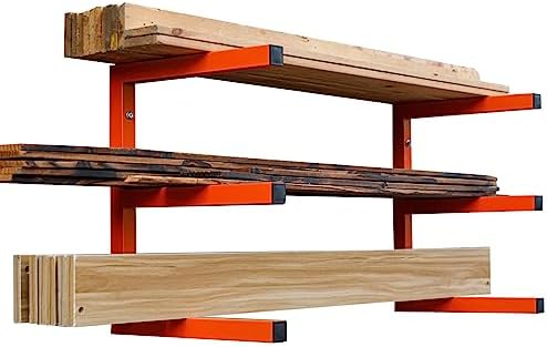 MOOMSINE Lumber Storage Rack Wall Mount, Heavy Duty Metal Wood Organizer with 3-Level Each Shelf Holds Up 200 Lbs, Indoor & Outdoor Use