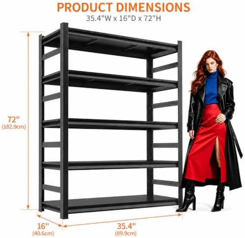Metal Garage Shelving Unit, Heavy Duty 5-Tier Adjustable Storage shelves, Steel Shelving, 3000 lbs Capacity, Industrial Shelves for Heavy Tools and Equipment, Ideal for Garage, Basement, Black, 72"