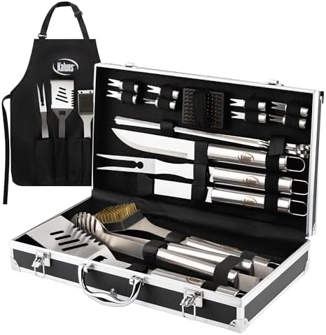 Kaluns Grilling Accessories, Gifts for Men Christmas Grilling Gifts for Dad, Heavy Duty Stainless Steel BBQ Grill Tools Set for Outdoor Grill with Aluminum Case and Apron, Birthday Gifts for Men Dad