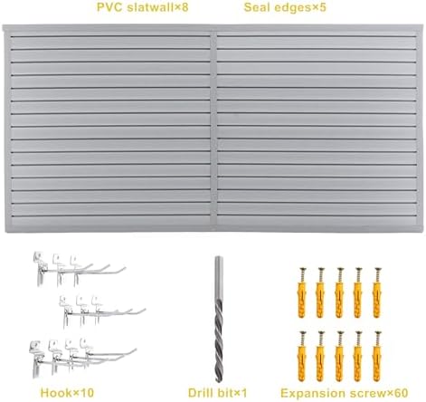 Slatwall Panel Garage Wall Organizer Storage Systems, Wall Mounted PVC Storage Rack with 10 Hooks, Interlocking Workshop Slat Wall Paneling Sheets Board Shelves Tools Organization-Grey (8’H x 4’W)