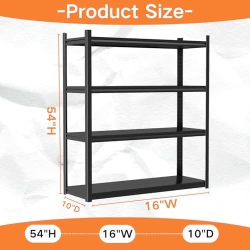 54''H Metal Garage Shelving, 4-Tier Heavy Duty Shelving Unit, Adjustable Garage Storage Shelves, Utility Rack Shelf for Industries, Warehouses, Basement (Black, 54''H*16''W*10''D, 4 Tier)