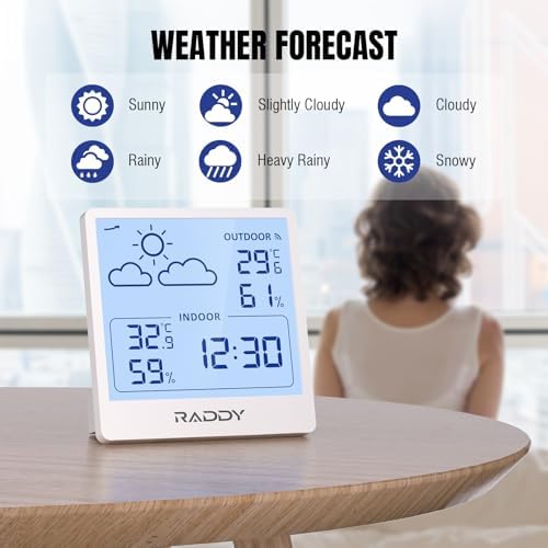 Raddy WF-50T Wireless Weather Station, Thermometer Hygrometer, White
