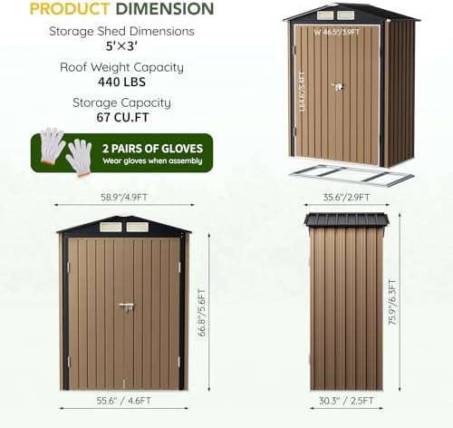 Outdoor Steel Storage Shed with Floor Frame 5 x 3 ft, Brown