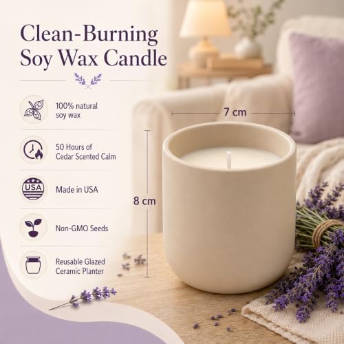 Cedar Scented Candle Planter, Lavender Seeds with Coco Coir, The Growing Candle 100% Soy Wax, Aromatherapy Candle, Ceramic Pot Home Decor Gift, Unique Gardening Gifts for Women Mom Plant Lover