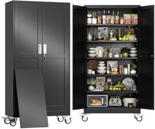 75" H Metal Pantry Storage Locker Cabinet with Wheels,Rolling Kitchen Pantry Cabinet with 2 Doors and 5 Adjustable Shelves, Lockable Steel Garage Tool Cabinet Organization for Home,Gym,School,Black