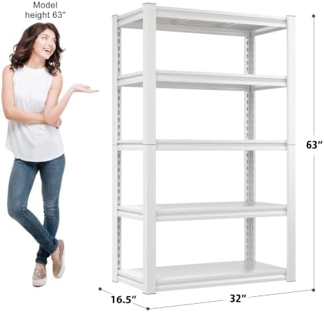 Raybee Storage Shelves, 2000LBS Garage Shelving,White Metal Shelves, 5 Tier Adjustable Heavy Duty Shelving for Pantry Kitchen Closet Basement Warehouse 16.5" D x 32" W x 63" H