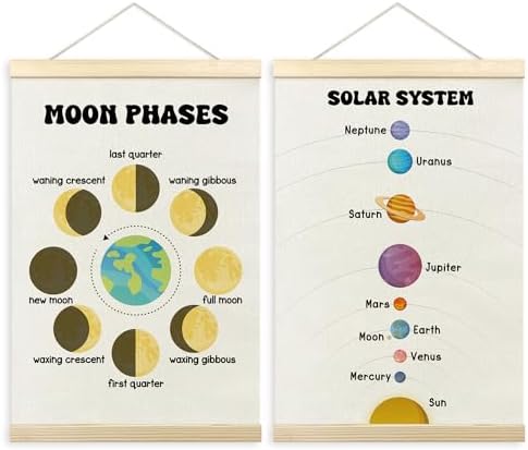 TLESKE Classroom Moon Phases Solar System Space Poster Hanger Frame Set of 2, Homeschool Hanging Wall Art Room Decor for Toddlers Kid Nursery Playroom, Preschool Prek Learning Educational Print, 16x24