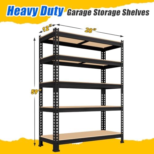 5-Tier Metal Storage Shelves: Heavy Duty Garage Shelving Adjustable Shelves for Storage - Black Utility Rack Shelf for Pantry, Warehouse, Office, Kitchen, 28" W x 12" D x 59" H, 3PCS