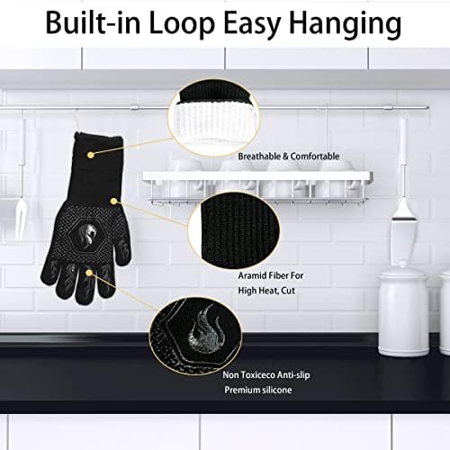 BBQ Gloves 1472F Heat Resistant Non-Slip Silicone 13.5in (Black)