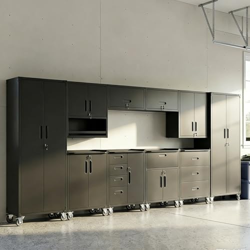 10-Piece Heavy Duty Steel Garage Cabinet System | All-in-One Modular Garage Cabinet Set for Ultimate Workshop Organization | Easy Assembly Garage Storage Cabinets & Tool Bench (Black)