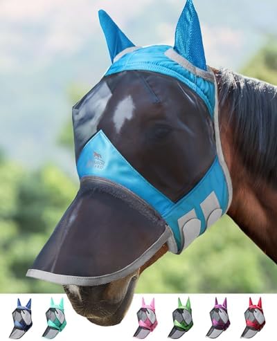 Harrison Howard CareMaster Pro Luminous Horse Fly Mask Large Eye Space Long Nose with Ears UV Protection for Horse Sky Blue S Pony