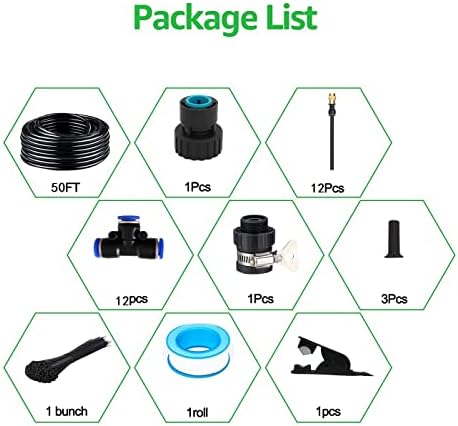 50FT Drip Irrigation Kit, Automatic Garden Watering System with Tool-Free Quick Connectors, 360° Bending Drippers & Copper Misting Nozzles for Greenhouse, Patio, Lawn & Vegetable Garden. (15M)