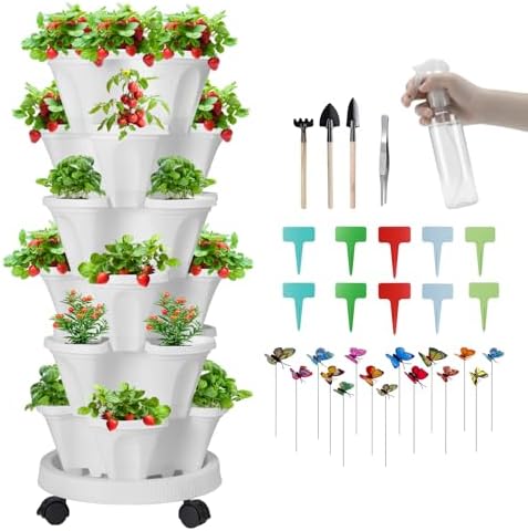 GameXcel Vertical Planter Tower - 6 Tier Stackable Garden Planters with Wheels and Garden Tool Set Plant Pots for Strawberry Herb Flower and Vegetable Indoor Outdoor Use White