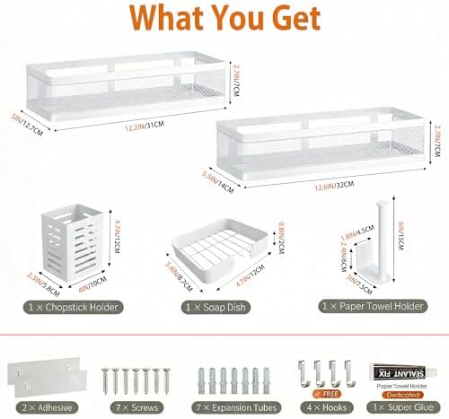PUSDON 5-in-1 Wide Wall Mount Wrapped Mesh Kitchen Organizer & Shower Caddy Kit, with Paper Towel Holder, Utensil Holder, Soap Dish, Heavy Duty 50LBS - White, Netting