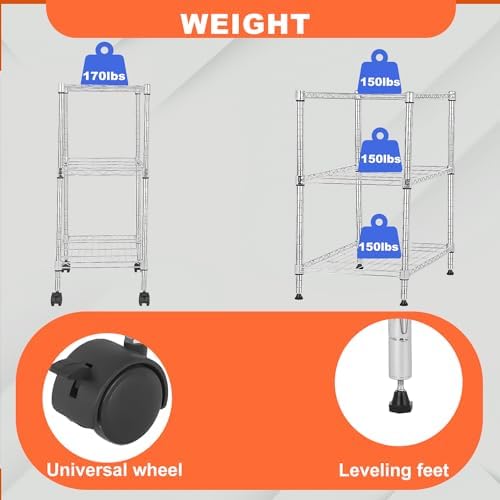 PayLessHere | 3-Tier Wire Shelf with Wheels | 23"x13"x31" | Chrome | Adjustable Racks | Heavy-Duty Storage Shelves, Holds Upto 170 lbs | Rust-Resistant, No-Tool Assembly | for Home, Garage Shelving
