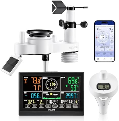 VEVOR 7-in-1 Wi-Fi Weather Station with APP, 7.5 in Display, Wireless Solar Powered Outdoor Sensor, with Pool Thermometer, Rain Gauge, Indoor Outdoor for Weather Forecast, Wind Speed, Pool Temperature