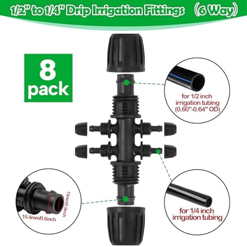 1/2 Inch To 1/4 Drip Irrigation Fittings - 8 Pack Drip Line Irrigation 1/2'' to 1/4'' Barbed Tee Adapter Anti-Drop Lock Nut Barbed Reducer 6 Way Connectors for Drip Irrigation System