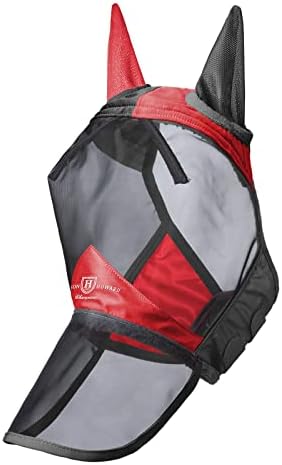 Harrison Howard Pro Luminous Horse Fly Mask Long Nose with Ears UV Protection for Horse Scarlet Red/Black XL Extra Full Size