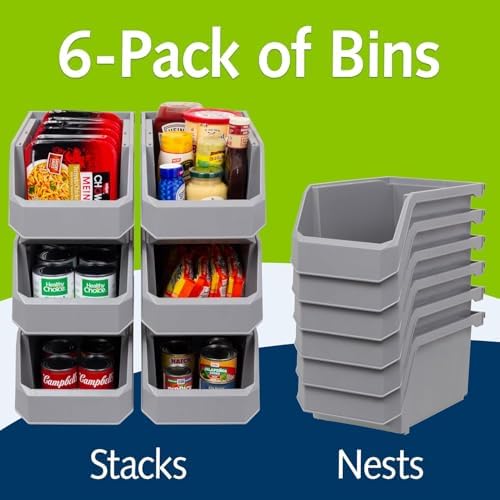 ReadySpace Large Stackable Plastic Storage Bins, 6-Pack, Grey