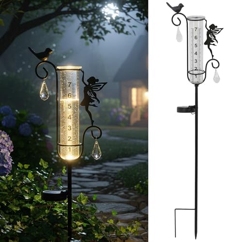 Glass Weather Station,Rain Gauge with Fairy Decor for Solar Yard Decor