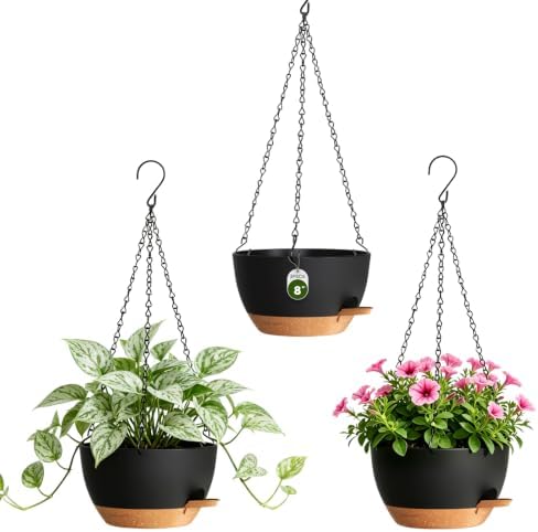 8 Inch Self Watering Hanging Planters Set of 3 with Saucers
