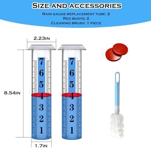 2PCS Rain Gauge Replacement Tube Plastic, Accurate Rain Gauge Outdoor, Thickened and Transparent 7" Capacity Tube with Blue Strip for Yard, 2 Rain Meter Tube with 1 Clean Brush and 2 Red Float