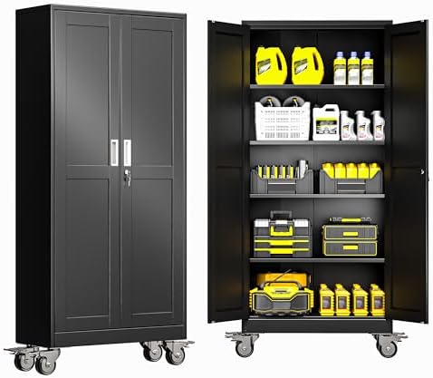 GAIOUS Metal Garage Storage Cabinet with Lock, Steel Tool Cabinet with 2 Door and 4 Adjustable Shelves, 71” Tall Lockable File Cabinet with Wheels, Rolling Cabinet for Home Office Garage Gym - Black