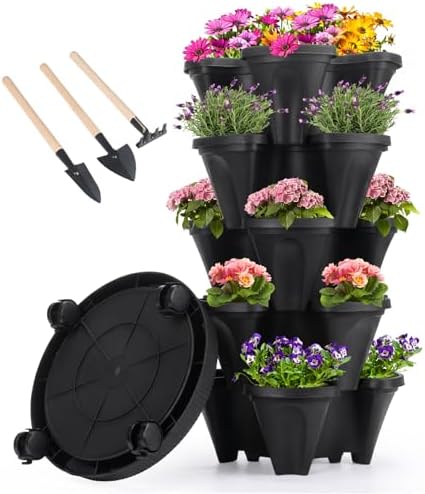 GameXcel Vertical Planter Tower - 5 Tier Stackable Garden Planters with Wheels and Tools Plant Pots for Strawberry Herb Flower and Vegetable Indoor Outdoor Use Black