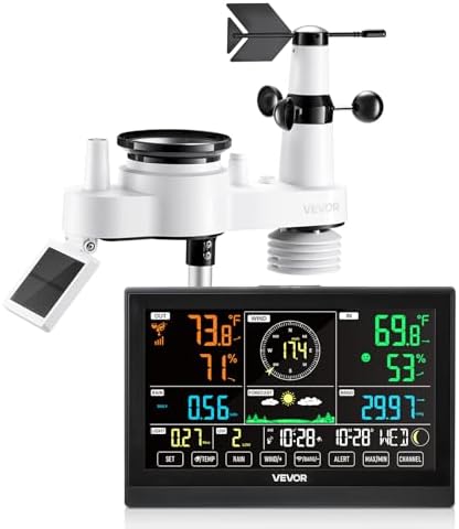 VEVOR 7-in-1 Wireless Weather Station, 7.5-Inch VA Display, Solar Powered Outdoor Sensor, Rain Gauge, Indoor Outdoor for Weather Forecast, Temperature, Humidity, Wind Speed and Direction (No WiFi)