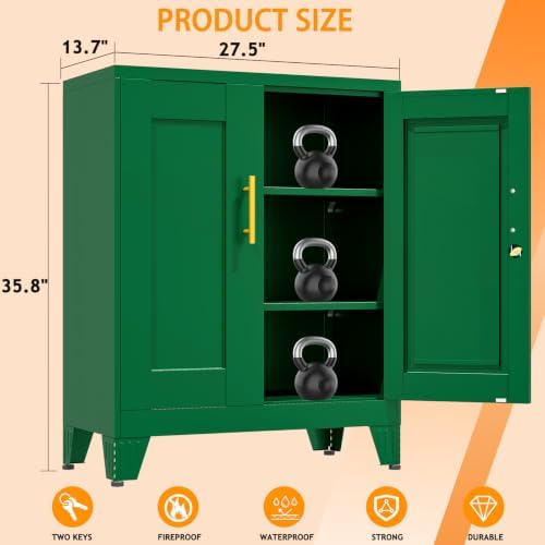 Small Metal Storage Cabinet, Lockable Tool Cabinet with Doors and 2 Shelves
