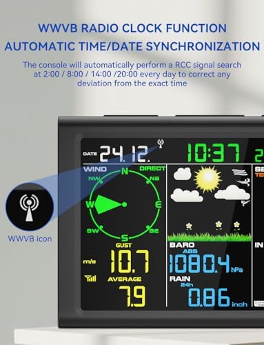 Wireless Weather Station with Outdoor Wireless Sensor,Radio Controlled Clock,Rain Gauge,Wind Speed/Direction,Moon Phase, Barometer,Temperature/Humidity,Weather Forecast (NO WiFi)