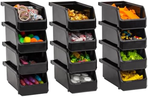 ReadySpace Small Stackable Plastic Storage Bins, 12-Pack, Black