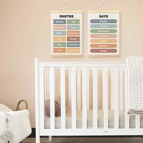 TLESKE Months of the Year Days of the Week Chart Poster Hanger Frame for Toddler Kid Classroom Set of 2, Homeschool Hanging Wall Art for Nursery Playroom, Preschool Learning Educational Poster, 12x16