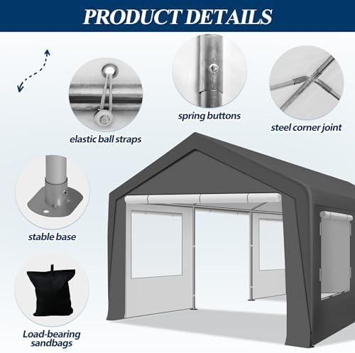 COVERONICS 12' x 20' Heavy Duty Carport Tent, Grey