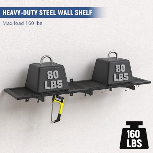 Garage Wall Shelf, Heavy Duty Garage Shelving, 46"X 12.5" Wall Mounted Shelves, Metal Floating Storage Rack with 4 Hooks, Utility Organizer Max Load 160 LBS for Laundry Room, Basement, Workshop