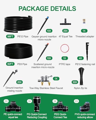 Drip Irrigation System for Garden, 180FT Tubing