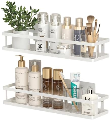 PUSDON 2-Pack 16.5" Extra Long Slim Shower Caddy, Adhesive Wall Mount Bathroom Organizer, Rustproof Open Frame Mesh Spice Rack for Kitchen, Holds 50LBS - White, Guardrail