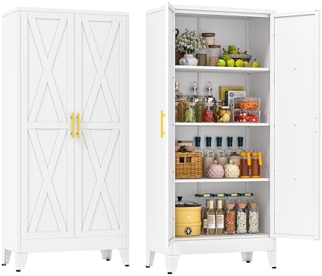 61" Metal Kitchen Pantry Storage Cabinet with 2 Doors and 3 Adjustable Shelves,White Farmhouse Pantry Cabinet,Steel Garage Tool Cabinet Freestanding Cupboard for Kitchen,Dinning Living Room