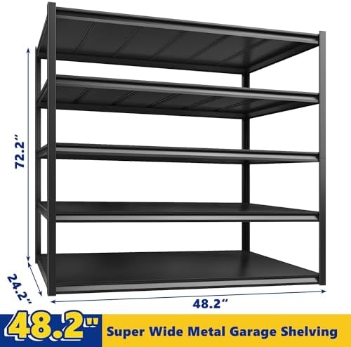 REIBII Garage Shelving 48.2" W Storage Shelves 3000LBS Metal Shelving Heavy Duty Adjustable Metal Shelf 5 Tier Pantry Shelves for Basement Warehouse Supermarket 72.2" H x 24.2" D x 48.2" W, 4 Pac