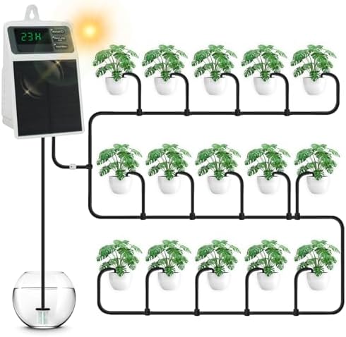 Solar Automatic Drip Irrigation System, 15 Pot Self Watering System with 2200mAh, IPX5 Waterproof, USB-C & Solar Charging, Timer Modes for Indoor/Outdoor Garden, Balcony & Patio